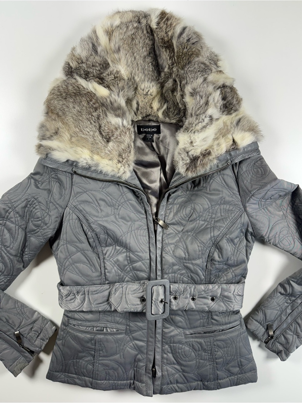 bebe Quilted Gray Belted Puffer Jacket with Faux Fur Hood